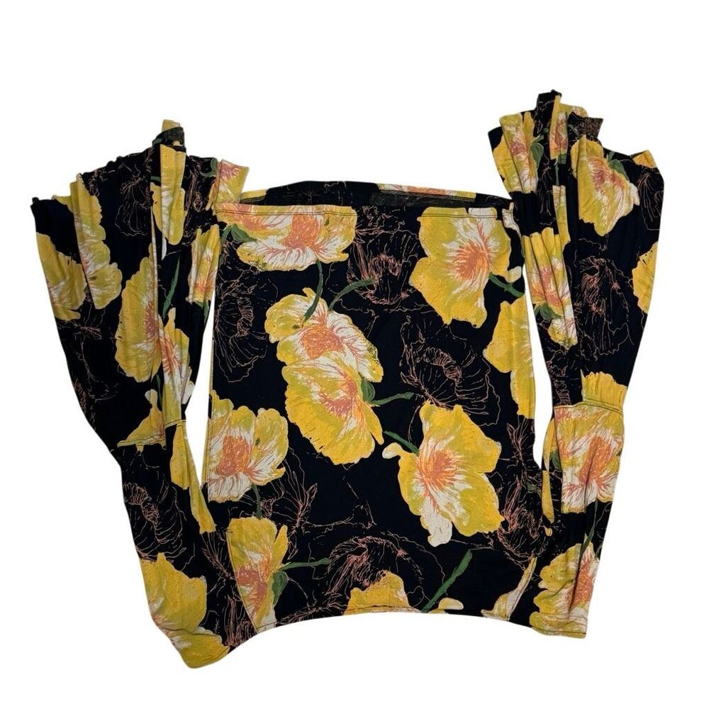 We The Free Floral Off Shoulder Bell Sleeve Top Black Yellow Boho Size S - Picture 4 of 6